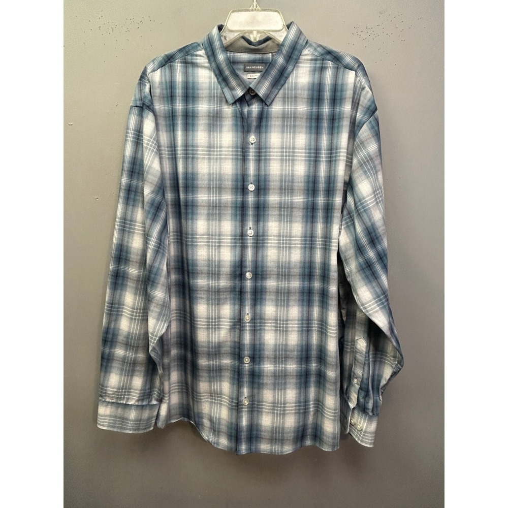 Van Heusen Button Down Men 2XLT Blue Plaid Big & Tall Long Sleeve Stretch Shirt